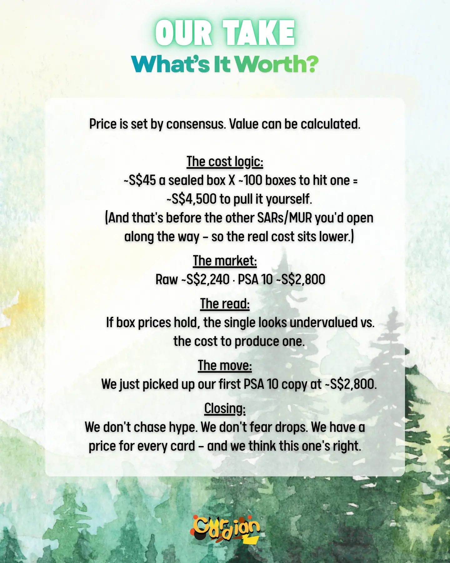 Cost to pull Forestchu versus market price: S$4500 to pull, S$2800 PSA 10