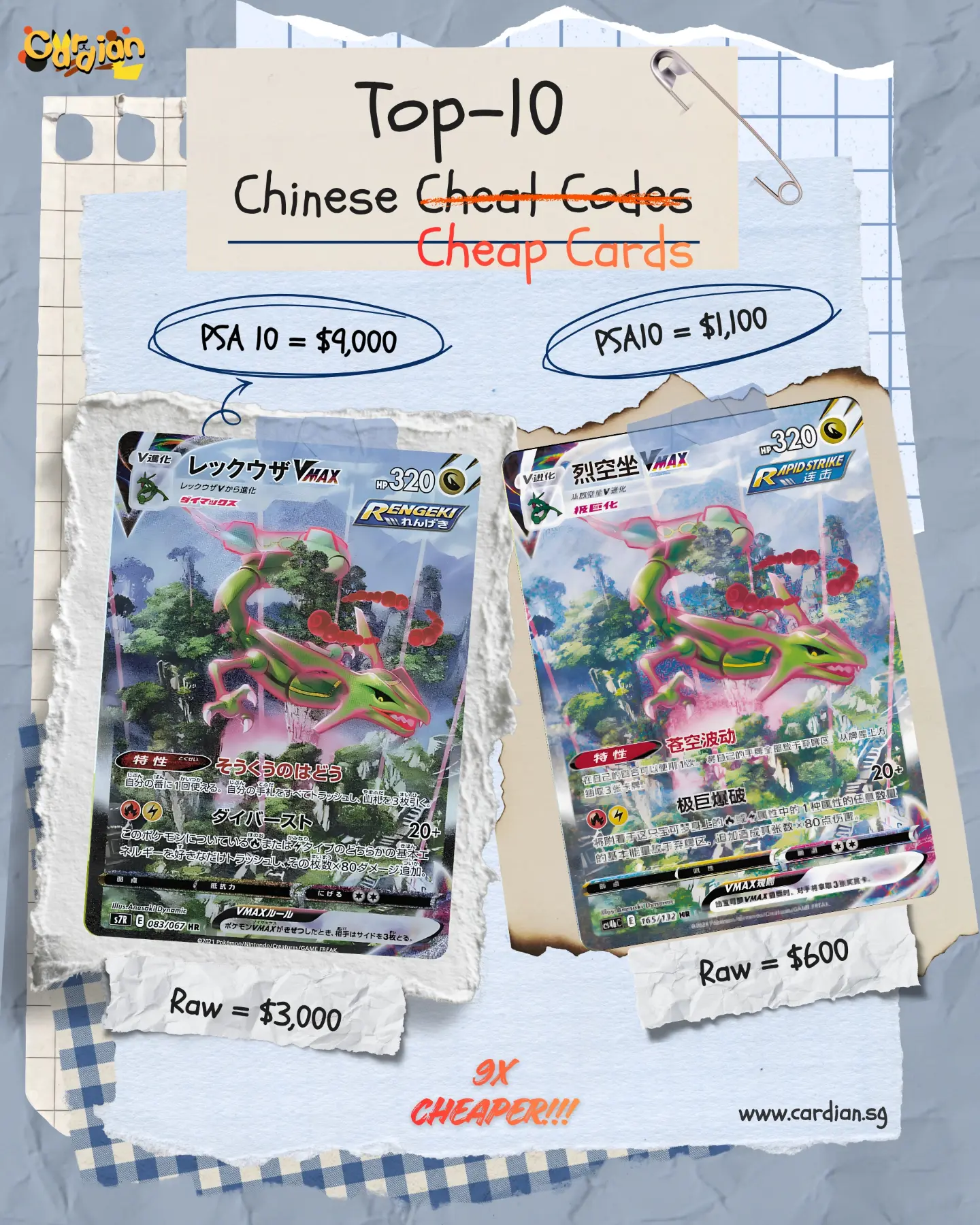 Rayquaza VMAX alt art: Japanese PSA 10 S$9,000 vs Chinese S$1,100 — 9x cheaper