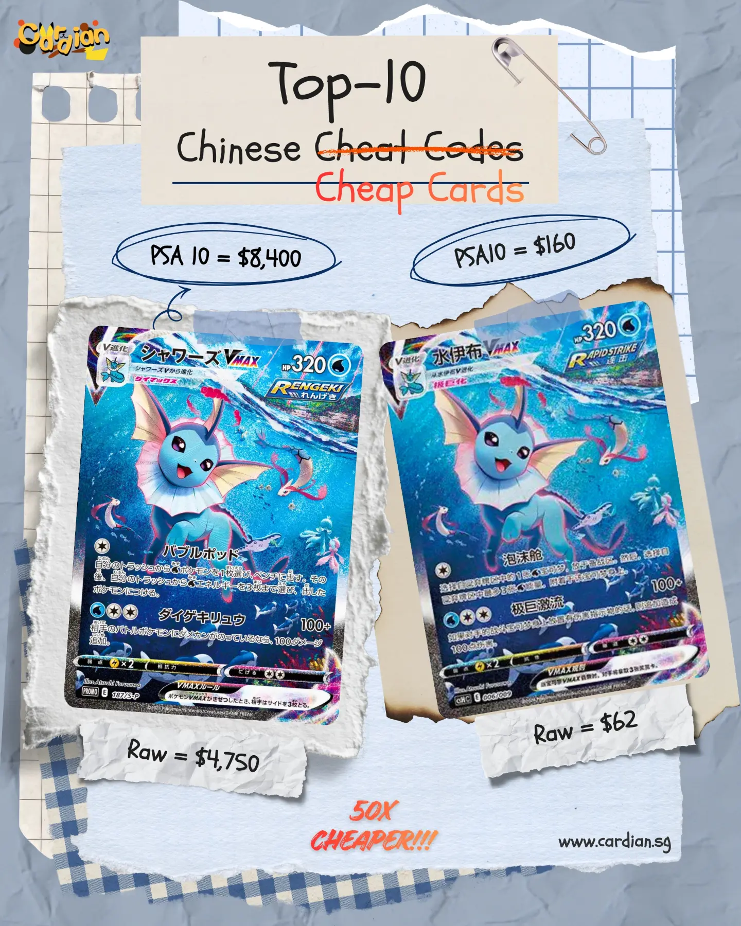 Vaporeon VMAX alt art: Japanese PSA 10 S$8,400 vs Chinese S$160 — 50x cheaper